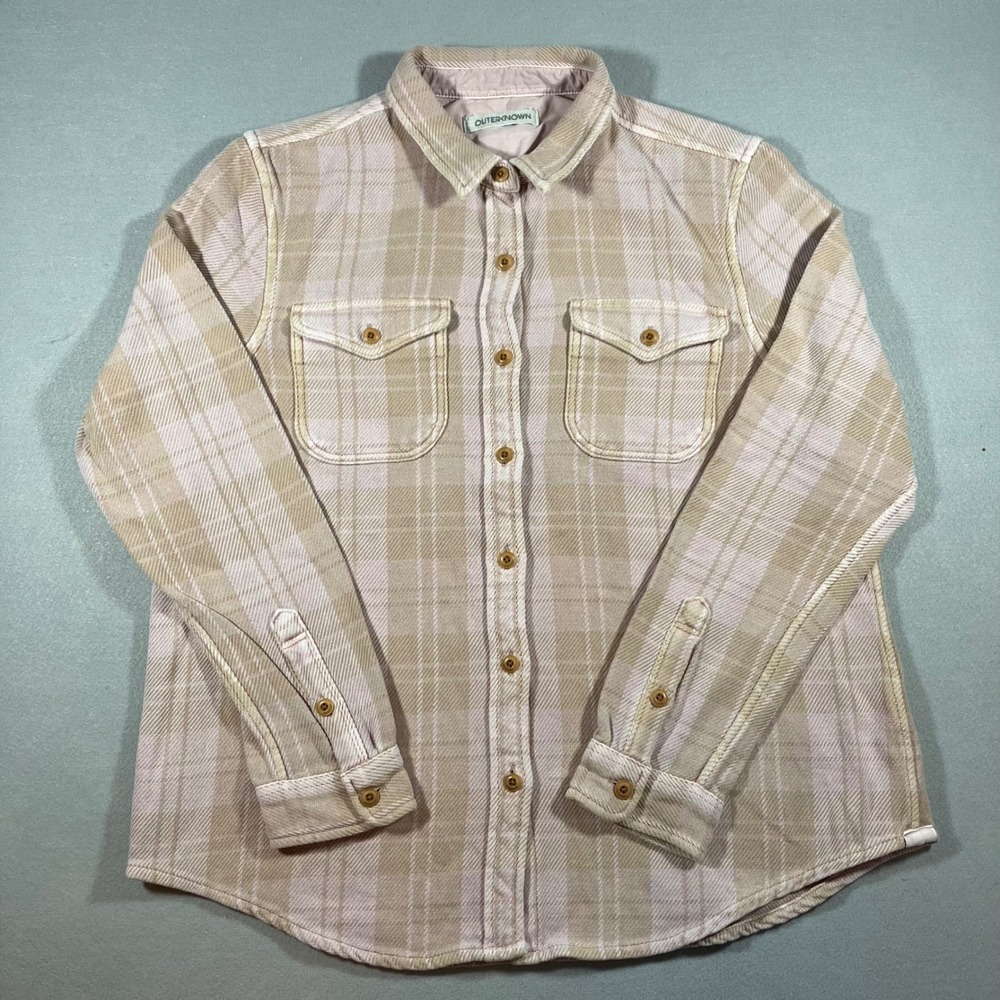 Outerknown Blanket Shirt Tan Cream Plaid Organic Cotton Twill Size M/L Shacket